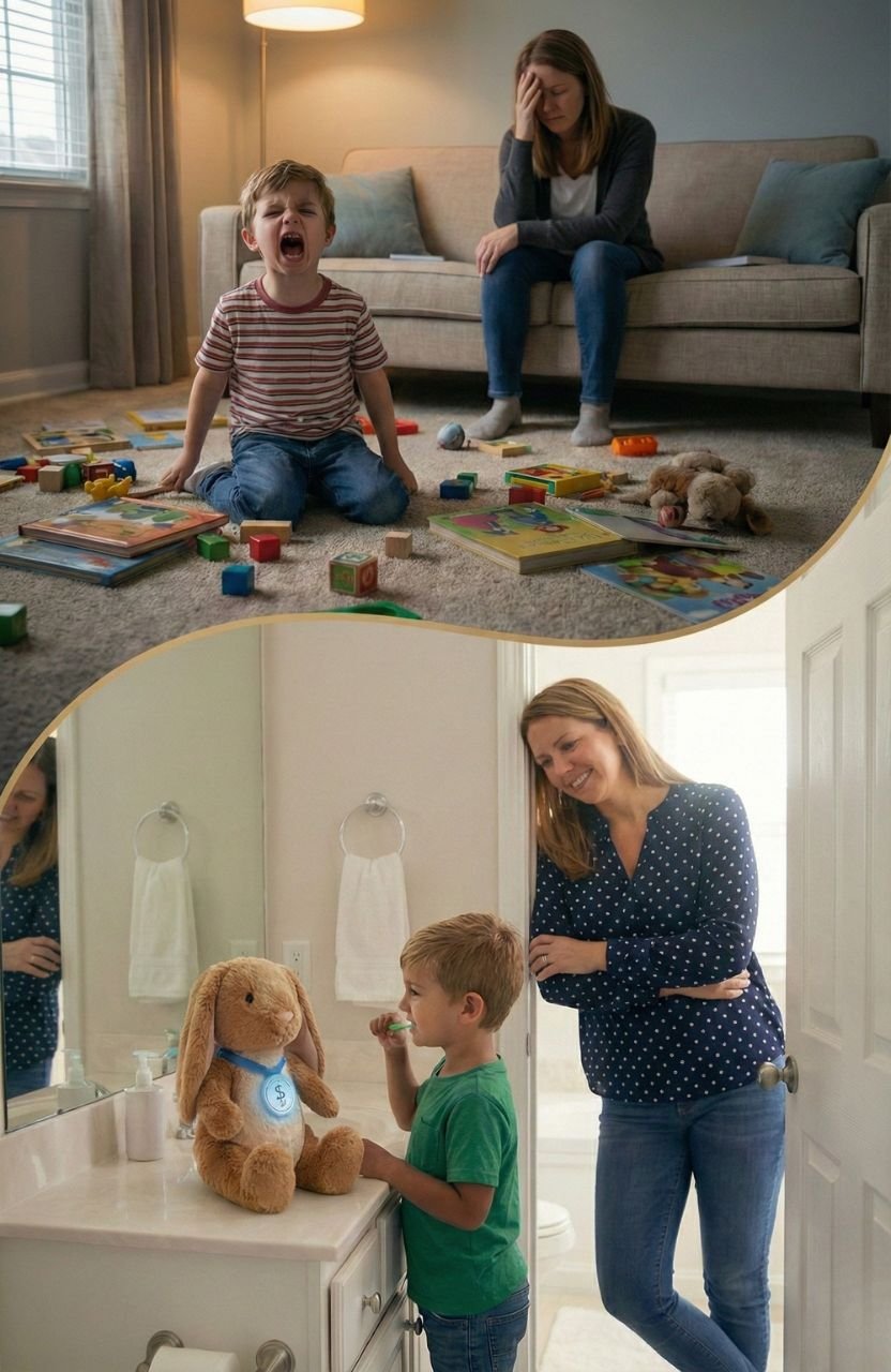 Child hugging a bear with a smart badge